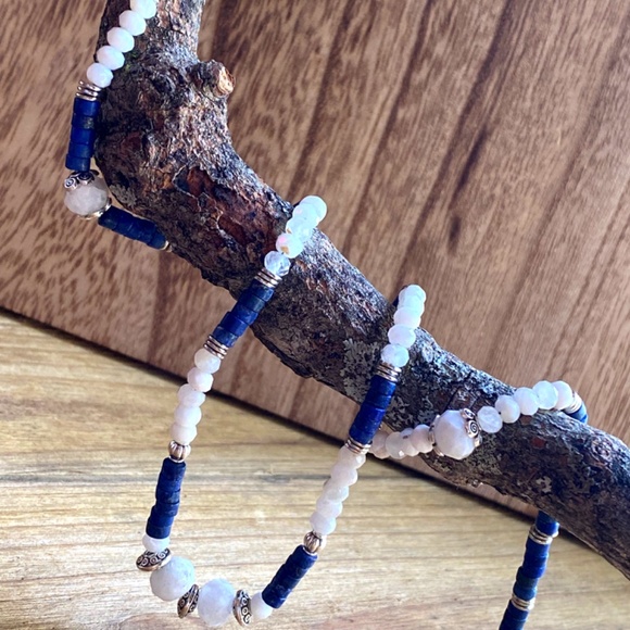 Genuine Moonstone + Lapis Lazuli Gemstone Necklace - Picture 7 of 10